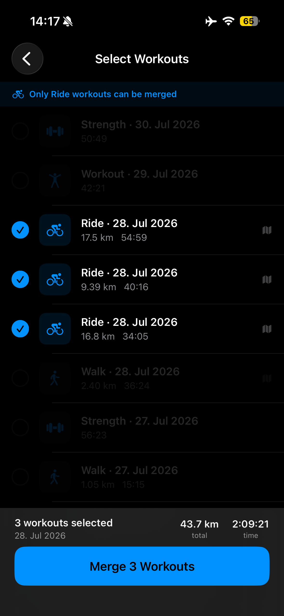 Weave merge picker with three ride workouts selected