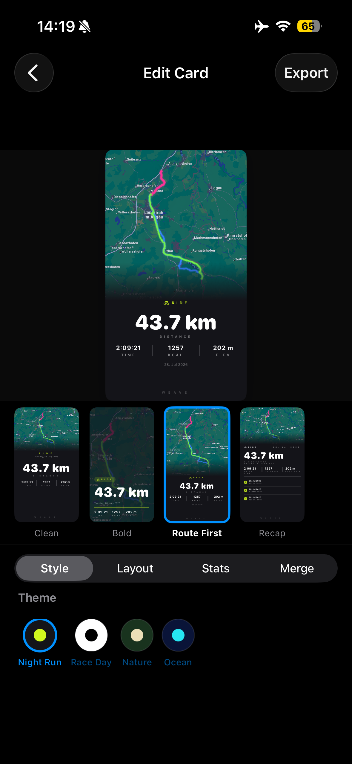 Weave card editor showing four card styles and a route map